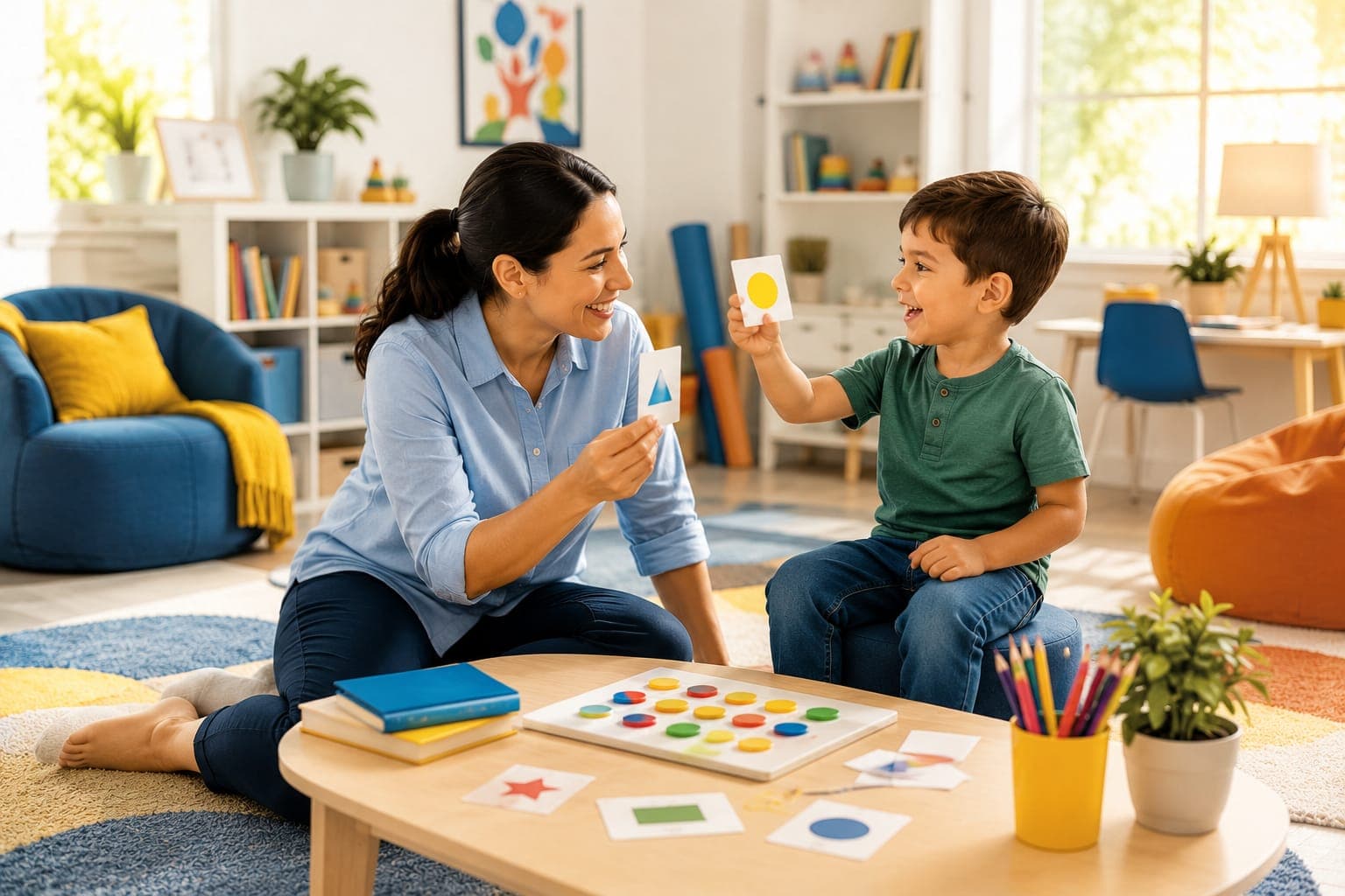 Two women in conversation at a table during a family coaching session